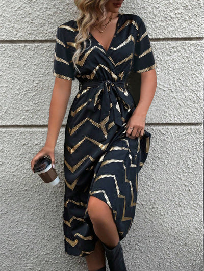 Damen Elegantes Wickelkleid mit grafischem Muster und Taillengürtel Fudus