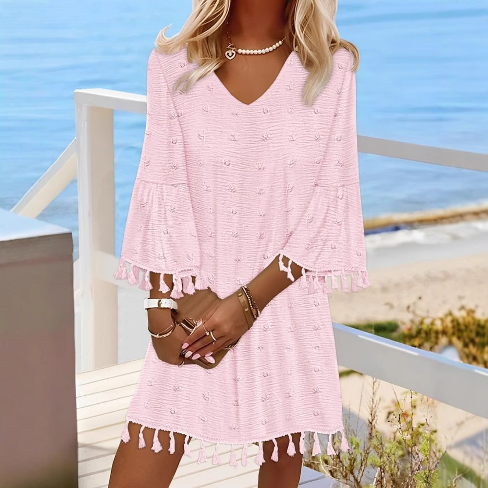 Damen Freizeitkleid mit V-Ausschnitt und ausgestellten Ärmeln Fudus