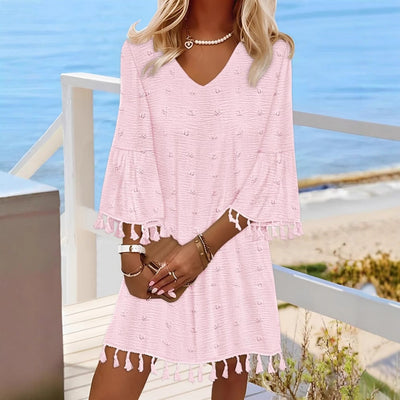 Damen Freizeitkleid mit V-Ausschnitt und ausgestellten Ärmeln Fudus