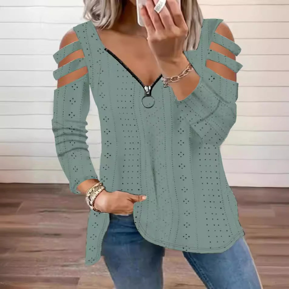 Damen Langarmshirt mit trendigen Cut-Outs und praktischem Reißverschluss Fudus