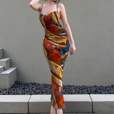 Damen Maxikleid mit kreativem grafischen Design und schlanken Trägern Fudus