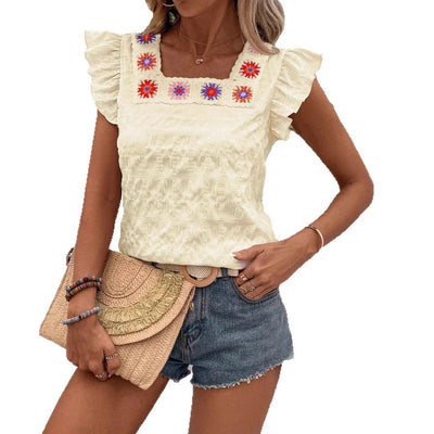 Damen Bluse mit Volant und handgearbeitetem Stickdesign Fudus