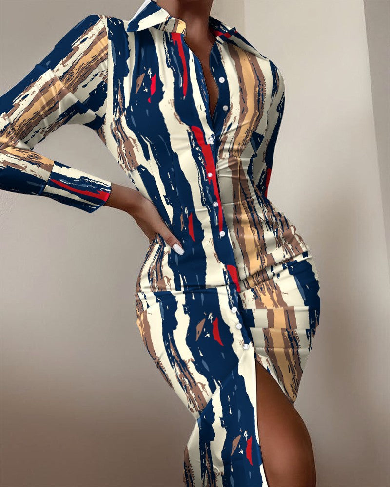 Damen Hemdblusenkleid mit auffälligem Moulage-Muster und schickem Schnitt Fudus