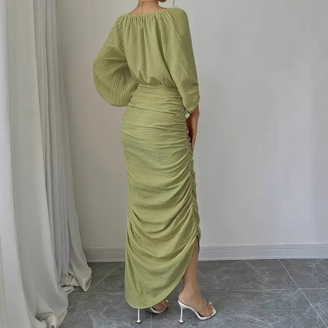 Damen Elegantes und figurbetontes Maxikleid mit Puffärmeln Fudus