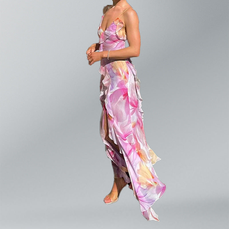 Damen Maxikleid mit verspieltem Rüschensaum und hohem Schlitz Fudus