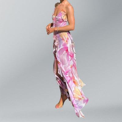 Damen Maxikleid mit verspieltem Rüschensaum und hohem Schlitz Fudus