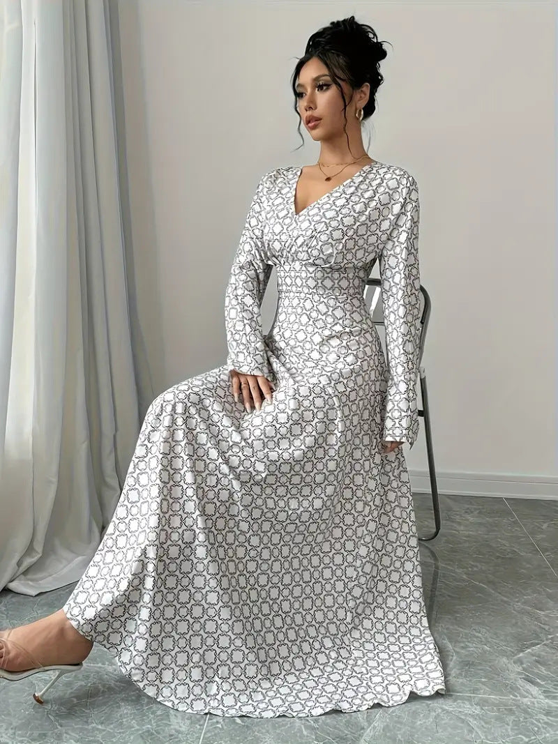 Damen elegantes Maxikleid mit tiefem V-Ausschnitt und modischem Muster Fudus