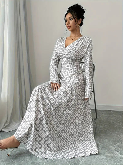 Damen elegantes Maxikleid mit tiefem V-Ausschnitt und modischem Muster Fudus