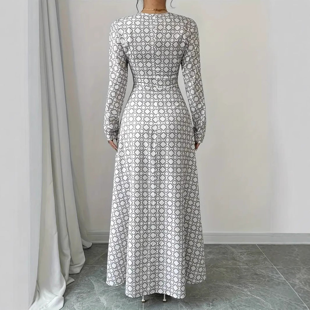 Damen elegantes Maxikleid mit tiefem V-Ausschnitt und modischem Muster Fudus