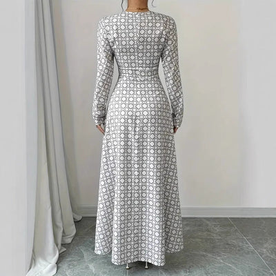 Damen elegantes Maxikleid mit tiefem V-Ausschnitt und modischem Muster Fudus