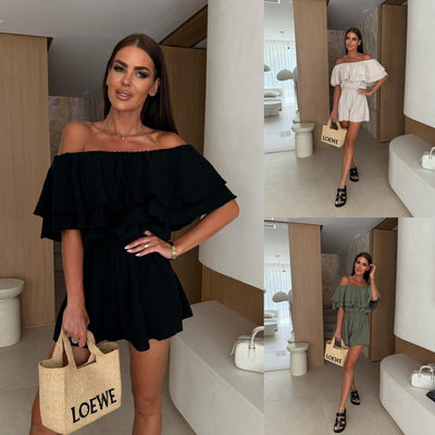 Damen Off-Shoulder Jumpsuit mit Rüschendesign und elastischem Taillenband Fudus
