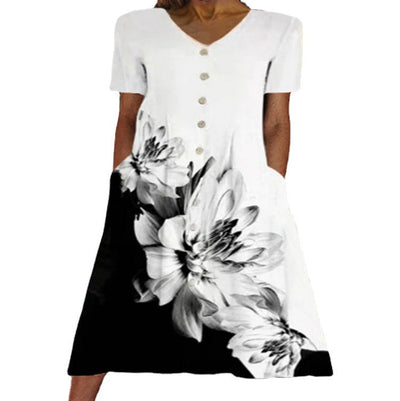 Damen Maxi-Kleid mit floralem Akzent und eleganter Knopfleiste Fudus