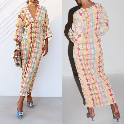 Damen Maxikleid mit kreativem Rautenmuster und voluminösen Ärmeln Fudus