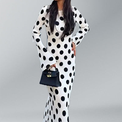 Damen Maxikleid mit floralen Punkten und charmanten Glockenärmeln Fudus