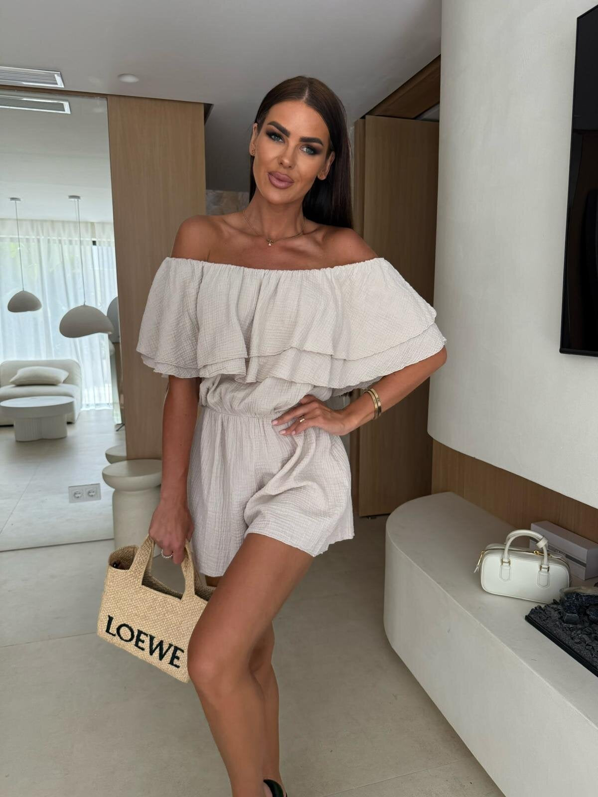 Damen Off-Shoulder Jumpsuit mit Rüschendesign und elastischem Taillenband Fudus