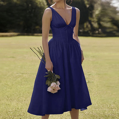 Damen Wickelkleid mit tiefem V-Ausschnitt und schwingendem Rock Fudus