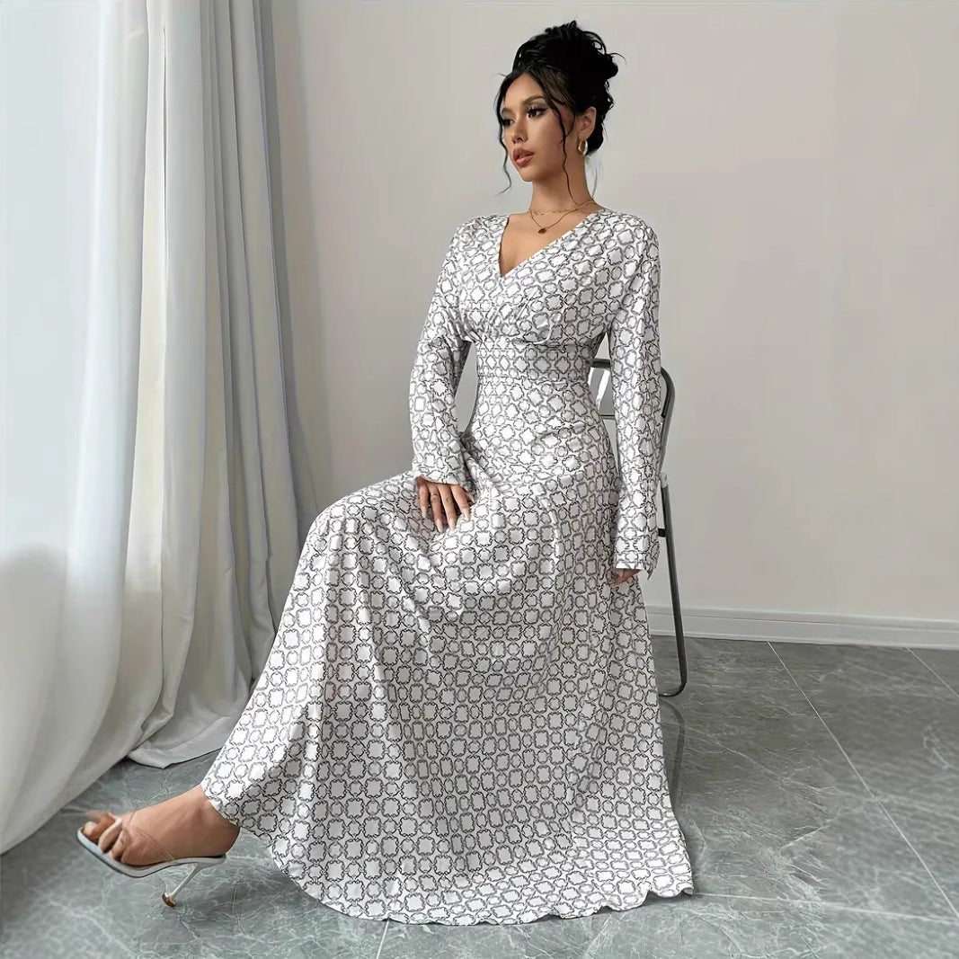 Damen elegantes Maxikleid mit tiefem V-Ausschnitt und modischem Muster Fudus