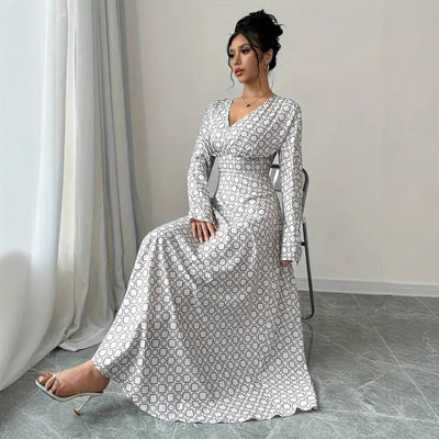 Damen elegantes Maxikleid mit tiefem V-Ausschnitt und modischem Muster Fudus