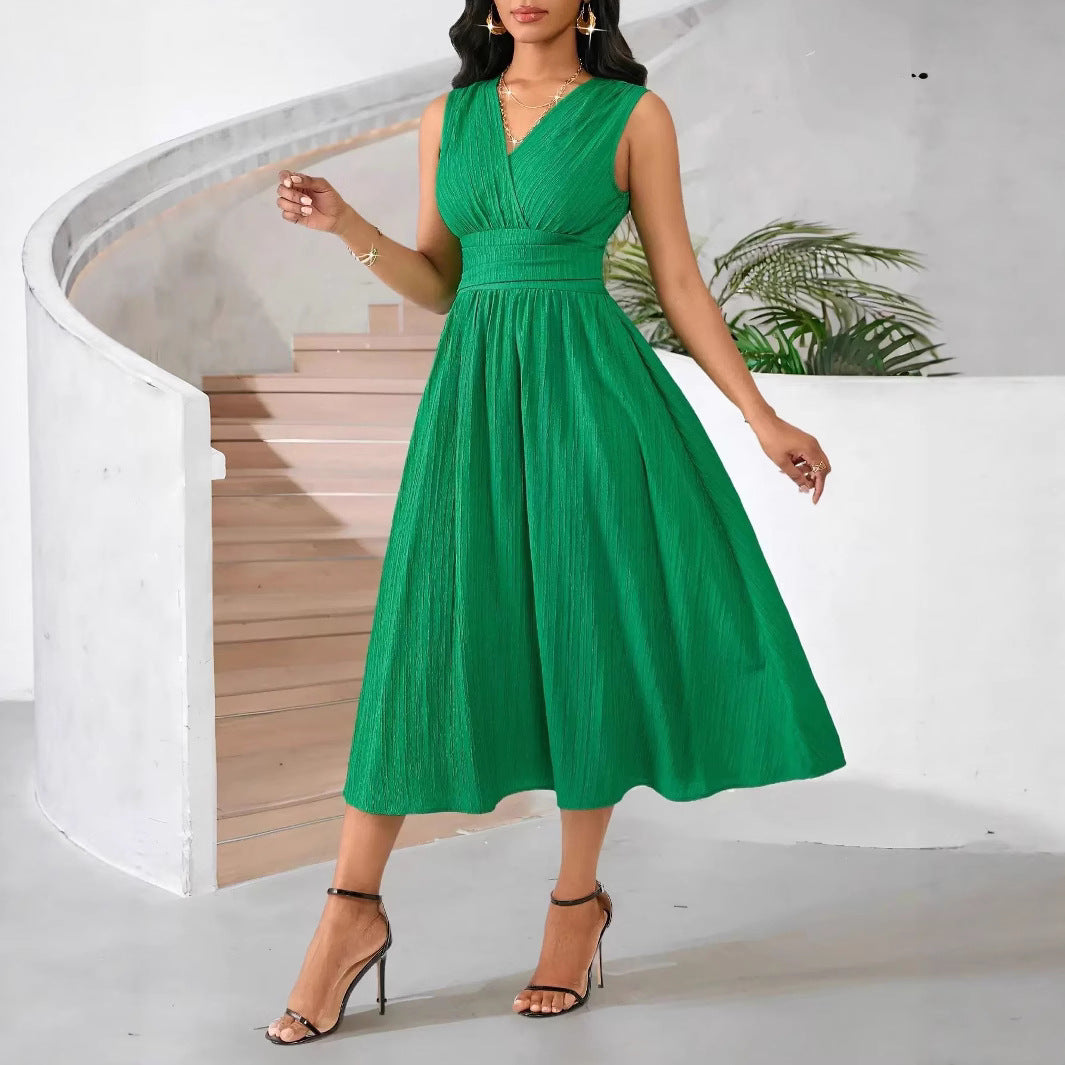 Damen Midi-Wickelkleid mit feiner Textur und elastischem Taillenband Fudus