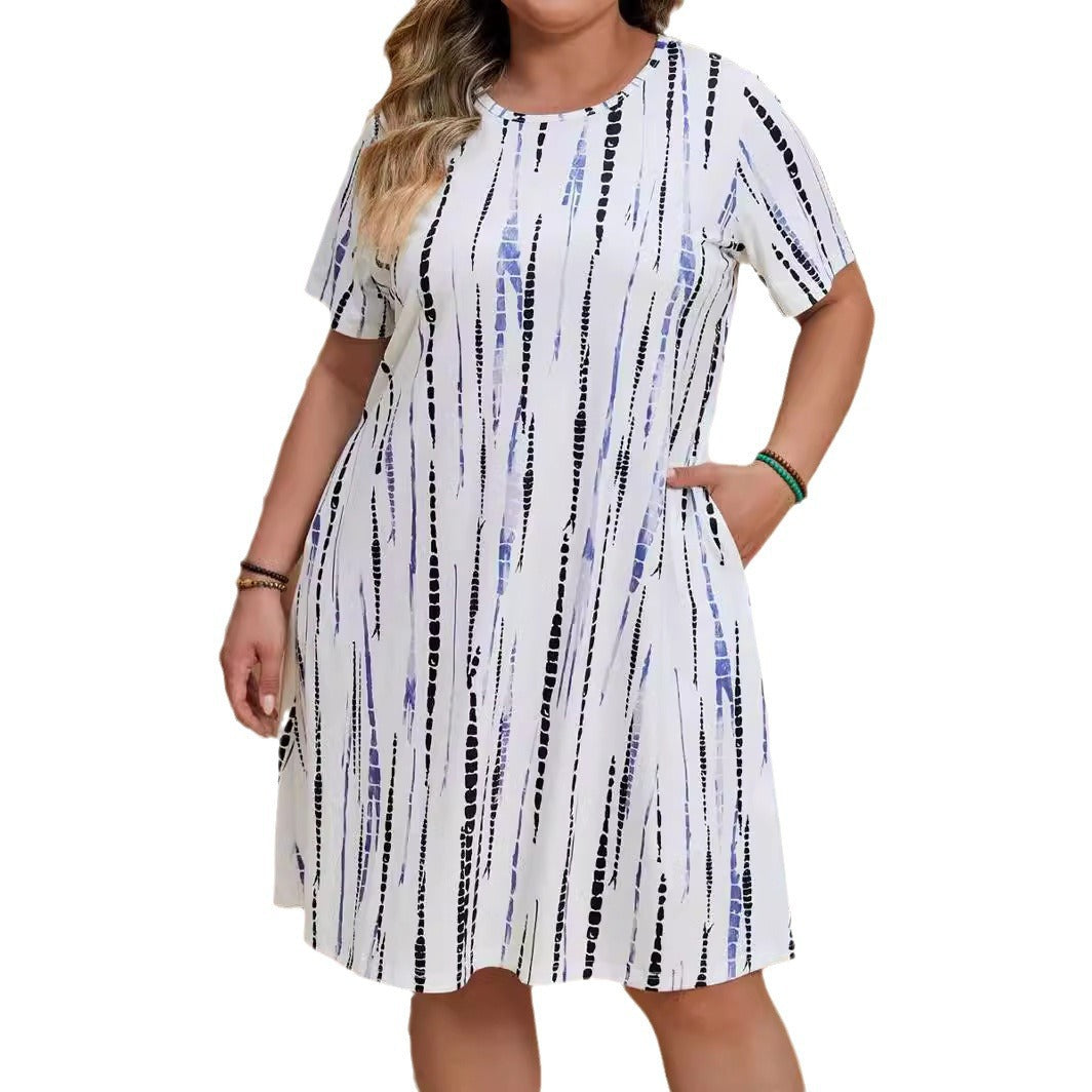 Damen unkompliziertes Sommerkleid mit modernem grafischen Design und schwingendem Schnitt Fudus