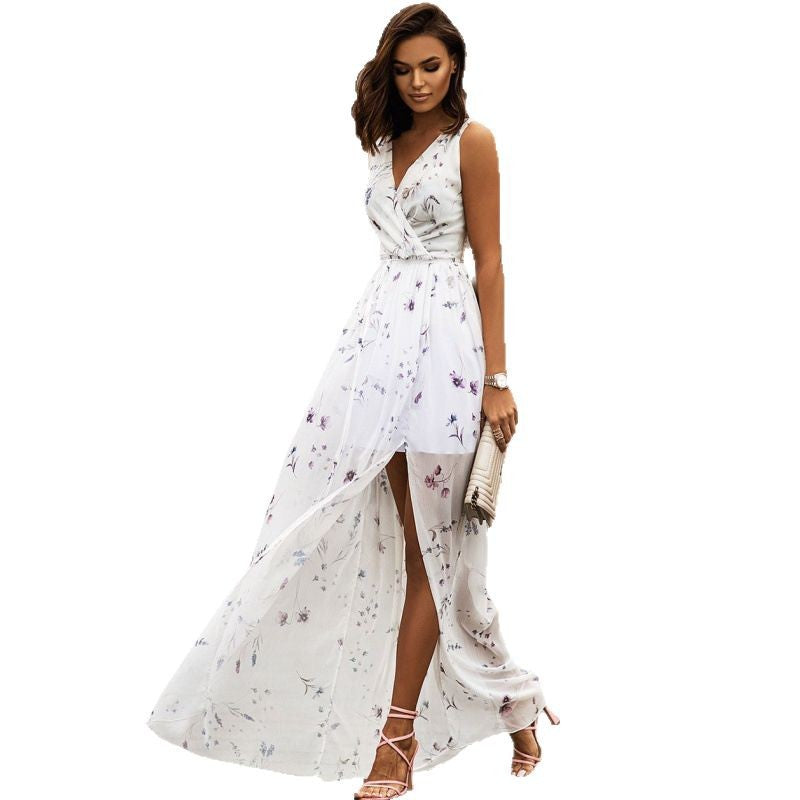 Damen Maxikleid mit verführerischem Schlitz und Taillengürtel Fudus