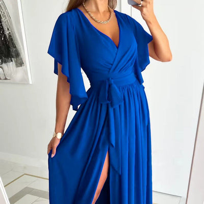 Damen Maxikleid mit tiefem V-Ausschnitt, Rüschendetails und eleganter Taillierung Fudus