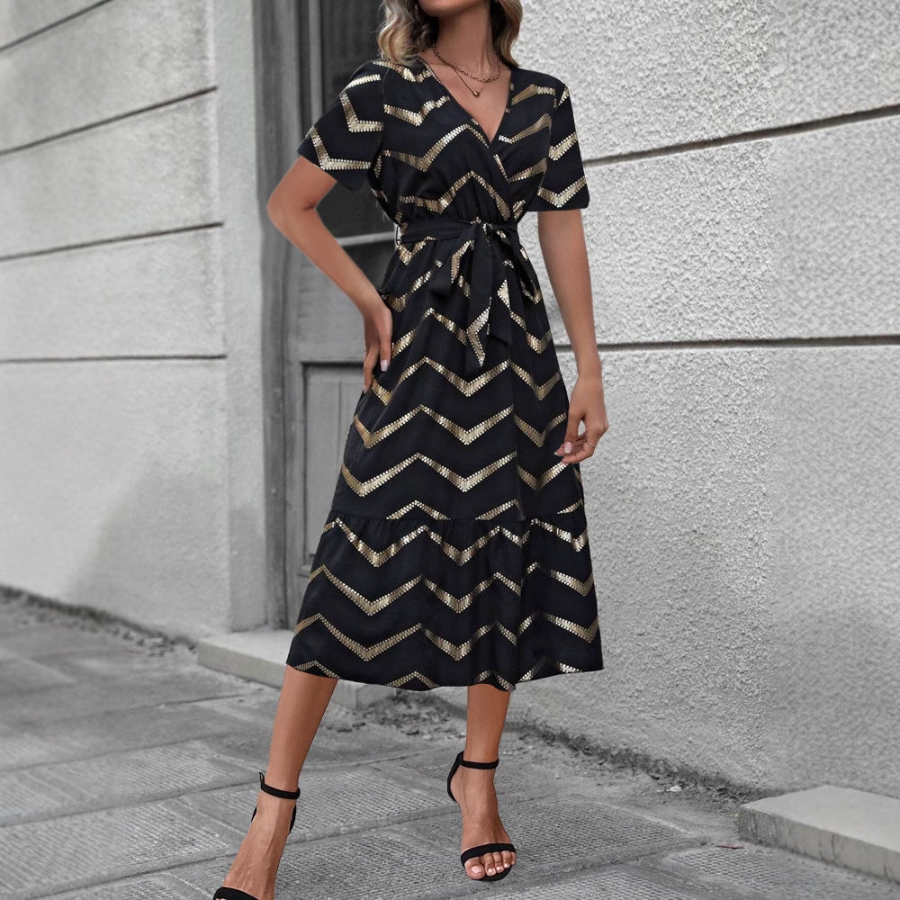 Damen Elegantes Wickelkleid mit grafischem Muster und Taillengürtel Fudus