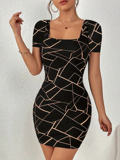 Damen figurbetontes Minikleid mit quadratischem Ausschnitt und geometrischem Design Fudus
