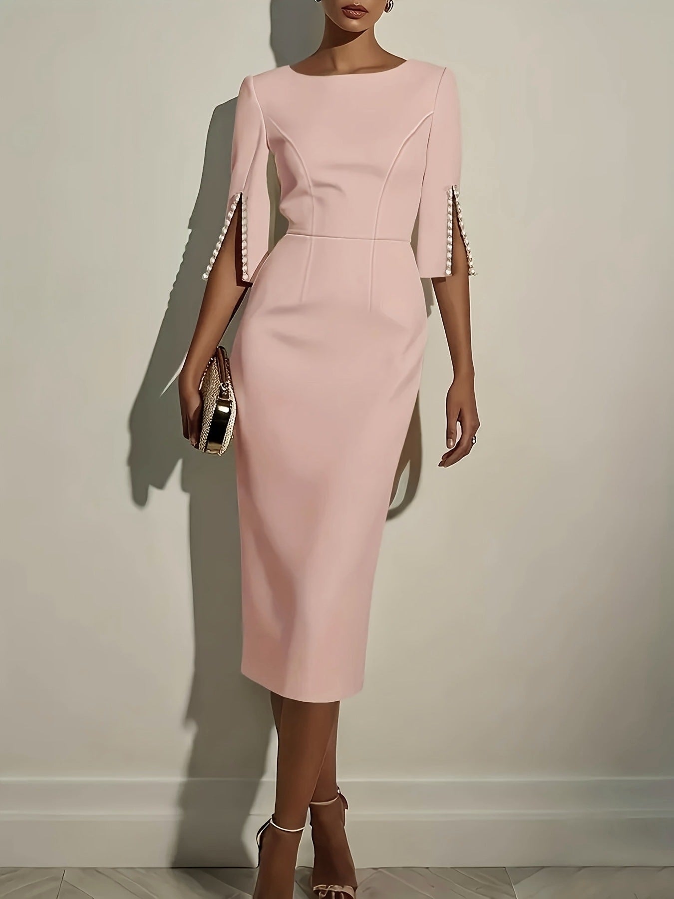 Damen elegantes Hochzeitskleid mit langen Ärmeln und Perlenverzierungen Fudus