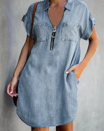 Damen Denim-Kleid mit kurzem Arm und Reißverschluss Fudus