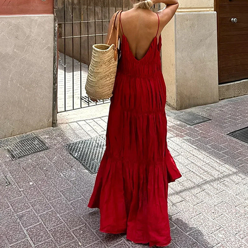 Damen Maxikleid mit fließendem Schnitt und verspielten Rüschendetails Fudus