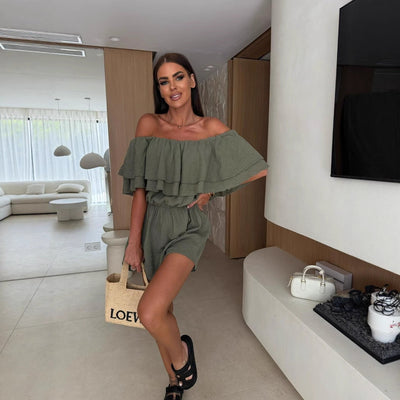 Damen Off-Shoulder Jumpsuit mit Rüschendesign und elastischem Taillenband Fudus