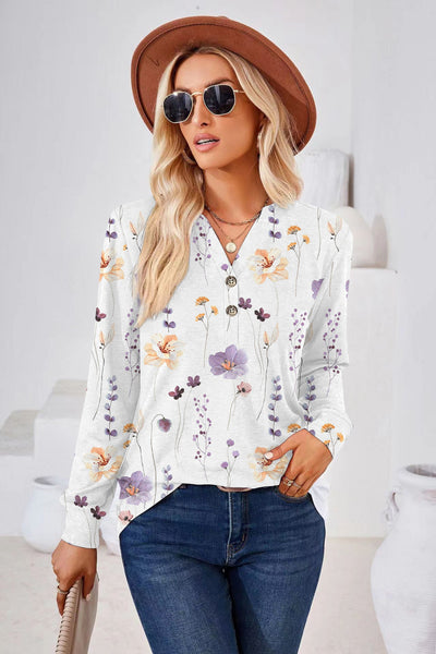 Damen Bluse mit floralem Print und Knopfdetails Fudus