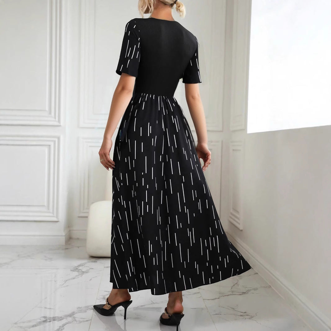 Damen Langarm-Kleid mit Streifenmuster und Taillenakzent Fudus