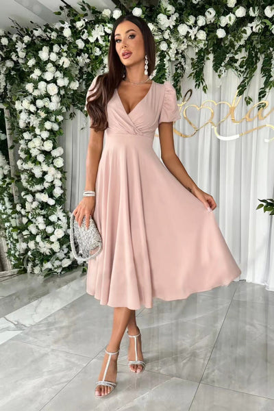 Damen elegantes Wickelkleid mit kurzen Puffärmeln und skulpturalem V-Ausschnitt Fudus
