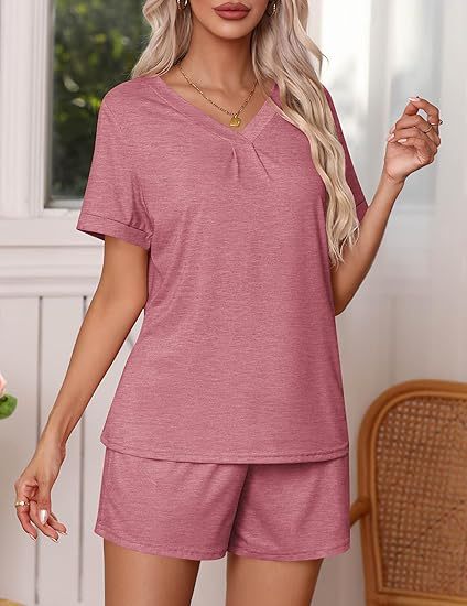 Damen lässiges Lounge-Set mit lässigem V-Ausschnitt und kurzen Ärmeln Fudus