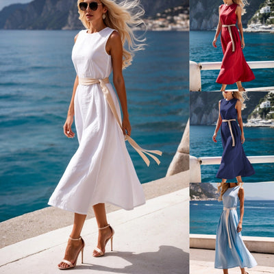 Damen elegantes Midi-Kleid mit taillierbarem Gürtel und schwingendem Saum Fudus