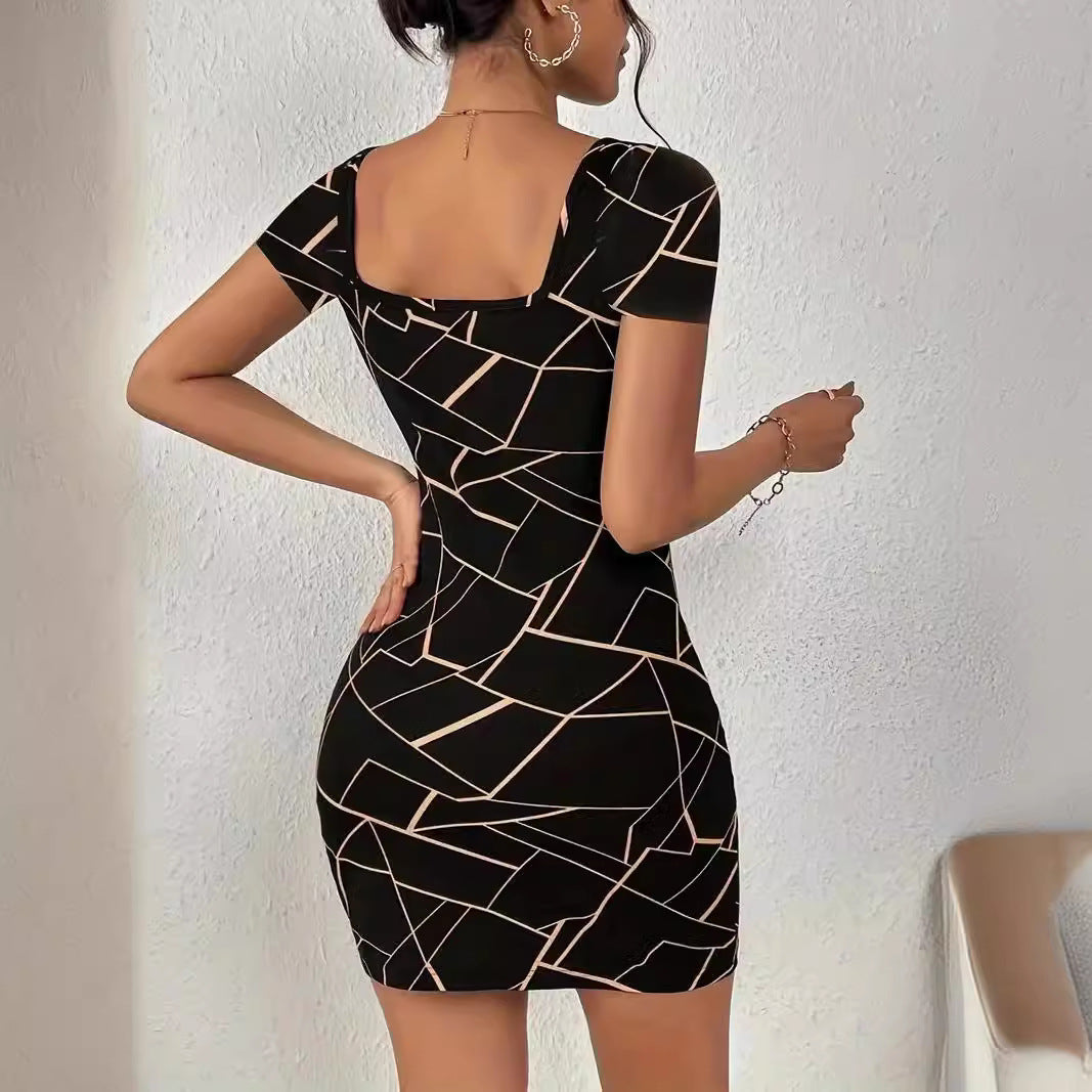 Damen figurbetontes Minikleid mit quadratischem Ausschnitt und geometrischem Design Fudus
