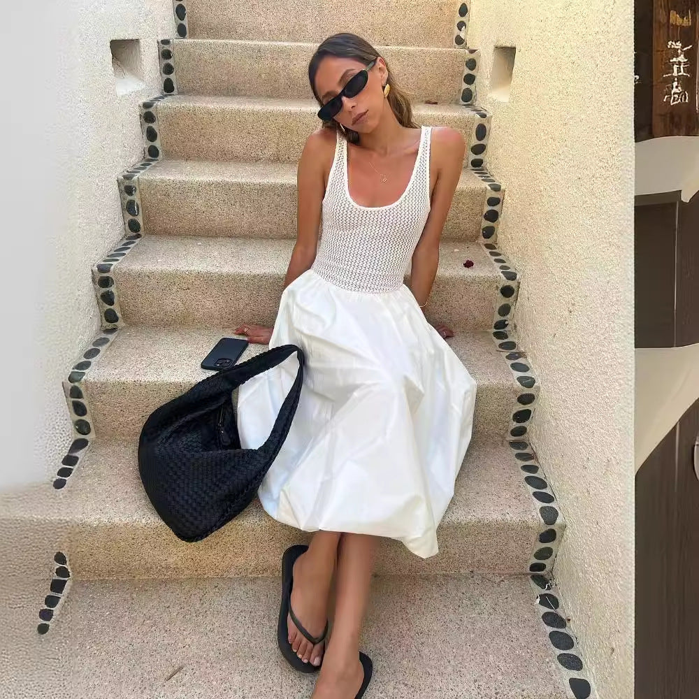 Damen Midi-Kleid mit atmungsaktivem Oberteil und elegantem, ausgestellt Rock Fudus