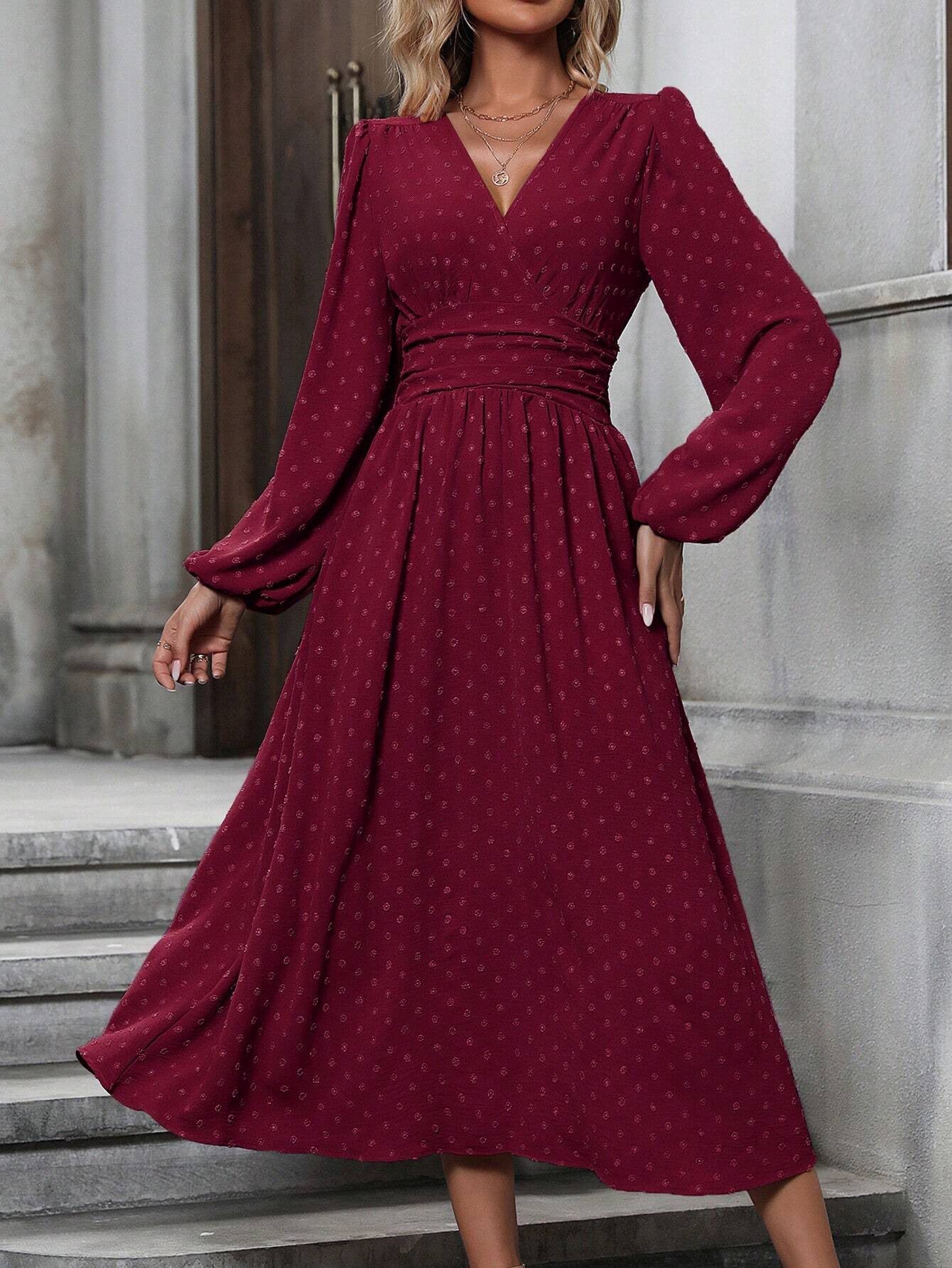 Damen Elegantes Maxi-Kleid mit V-Ausschnitt und Puffärmeln Fudus