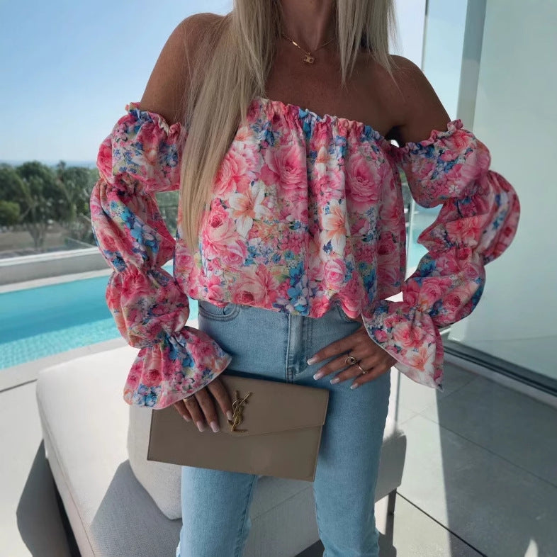Damen Off-Shoulder Bluse mit Rüschendetails und floralem Muster Fudus