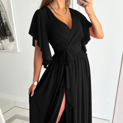 Damen Maxikleid mit tiefem V-Ausschnitt, Rüschendetails und eleganter Taillierung Fudus