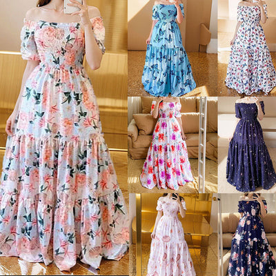 Damen Maxikleid mit schulterfreiem Design und voluminösen Puffärmeln Fudus