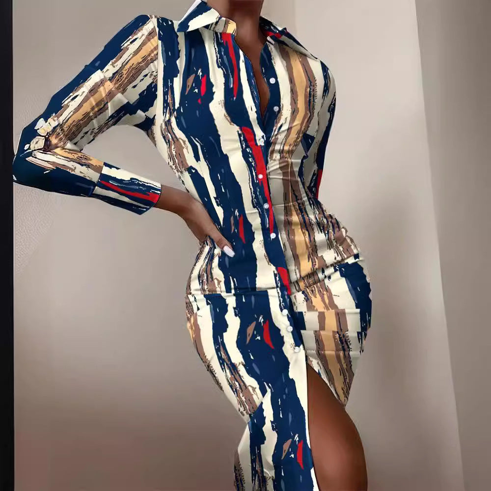 Damen Hemdblusenkleid mit auffälligem Moulage-Muster und schickem Schnitt Fudus