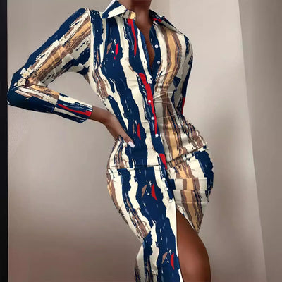 Damen Hemdblusenkleid mit auffälligem Moulage-Muster und schickem Schnitt Fudus