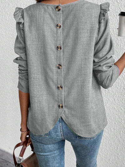 Damen Blusenshirt mit dekorativen Rüschendetails und Knopfleiste Fudus