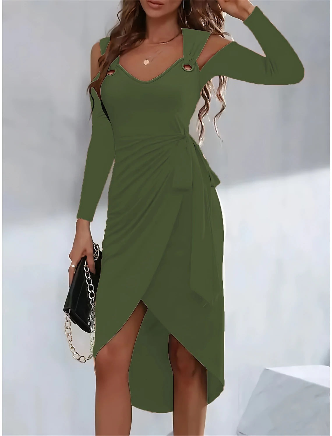 Damen elegantes Wickelkleid mit asymmetrischem Schnitt und Dekolleté Fudus