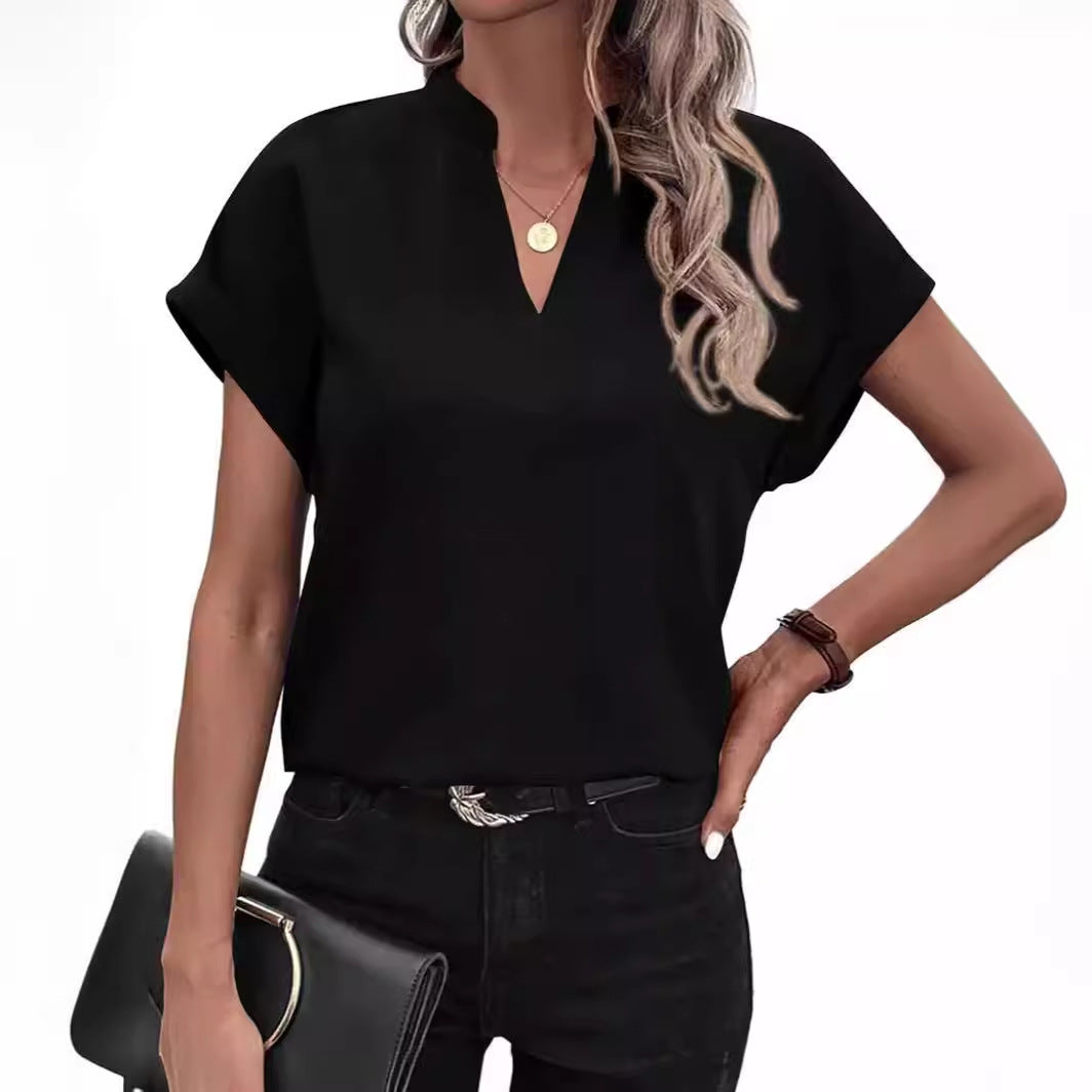 Damen Kurzarm Bluse mit Stehkragen und elegantem Schnitt Fudus