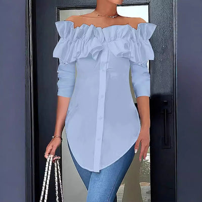 Damen Off-Shoulder Bluse mit Rüschen und Knopfdetails Fudus