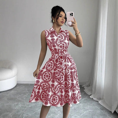 Damen Midikleid mit floralem Muster und taillierbarem Gürtel Fudus